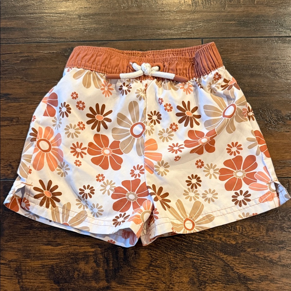 Kids Floral Patterned Swim Shorts in Orange and Brown